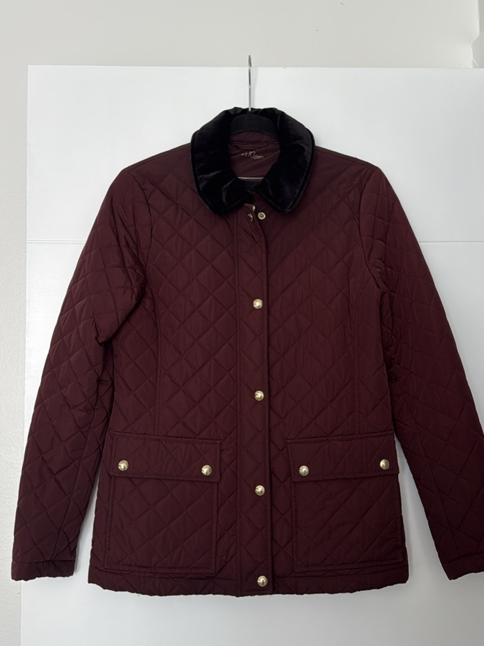 Calvin Klein Quilted Wine Utility Jacket with Black Collar
